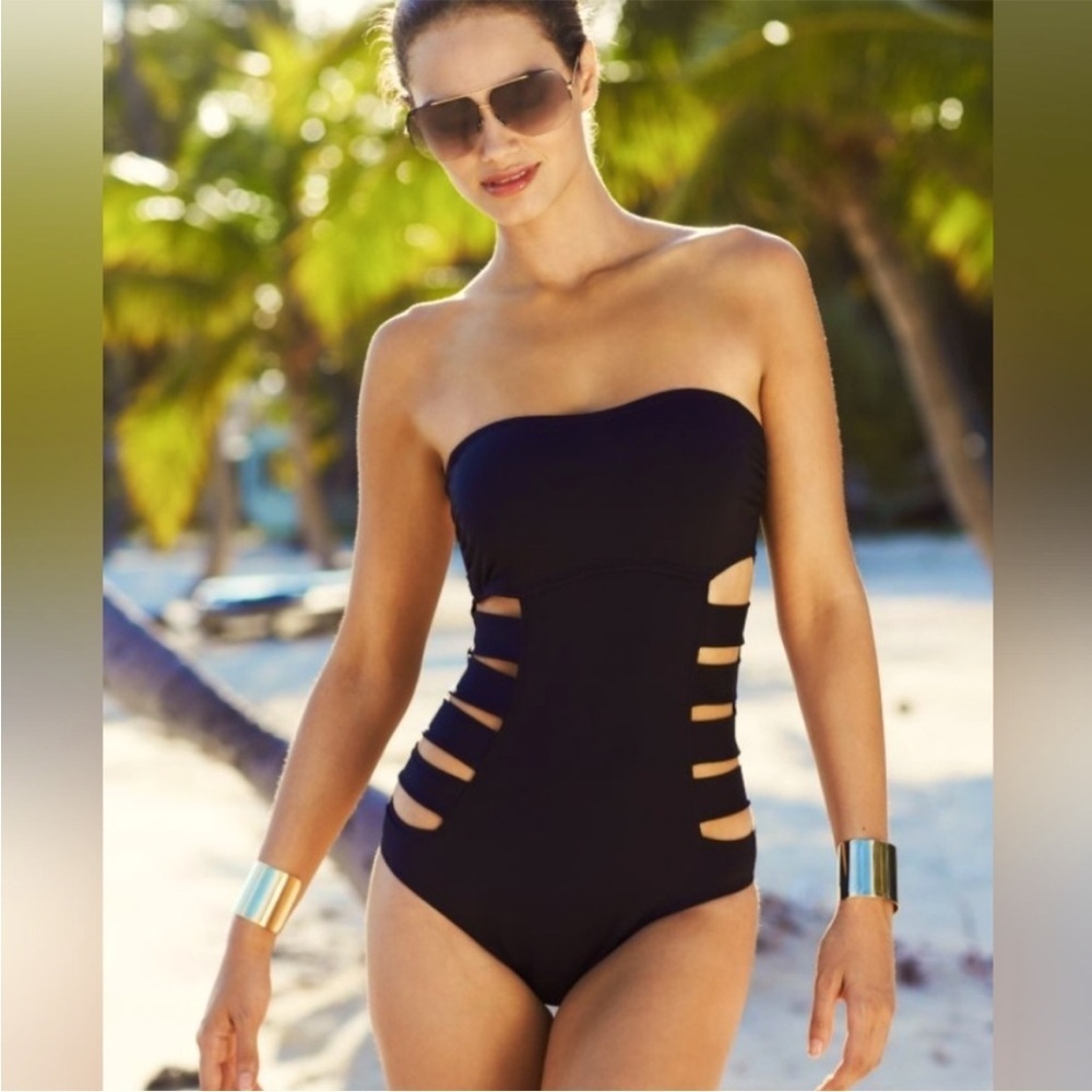 Kenneth Cole Black Bandeau Cutout One-piece Halter strapless Swimsuit Size S